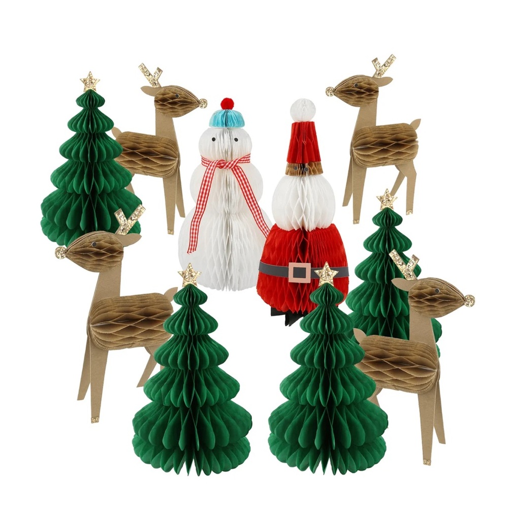 New!! Meri Meri 10 Honeycomb Decorations - Santa, snowman, trees and reindeer